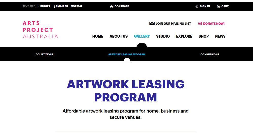 Image of Arts Project Australia - Artwork Leasing Programs, website captured 2022
