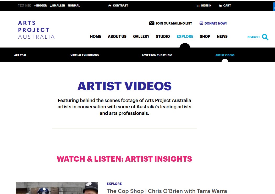 Image of Arts Project Australia - Artist Videos, website captured 2022