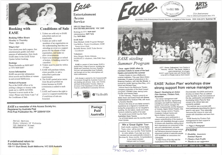Image of Arts Access Victoria EASE Entertainment Access Service Newsletter Summer 1995