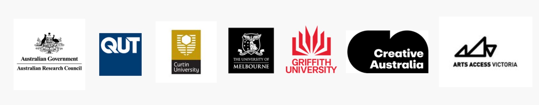 Australian Research Council, Queensland University of Technology, Curtin University, University of Melbourne, Griffith University, Creative Australia, and Arts Access Victoria logos