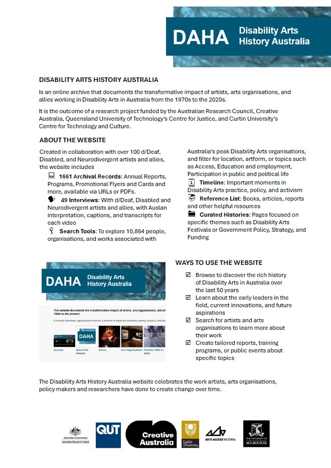 Image of Disability Arts History Australia Launch 2025 - 3 Page Information Sheet