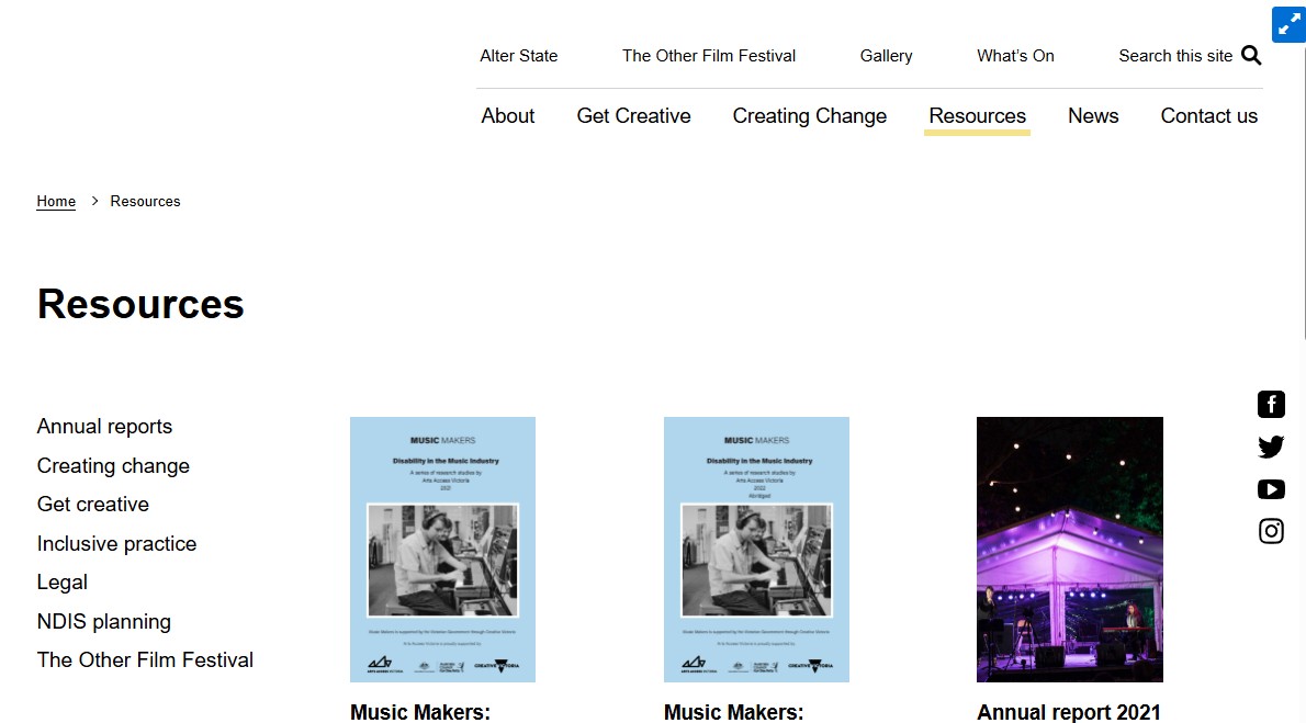 Image of "Accessible Arts - Resources, captured 2022 webpage