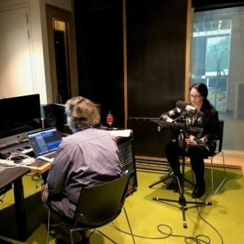 Image of Bree Hadley and Michael Whelan producing audio recordings for 'Visability' Exhibition, QUT Art Museum, taken by Janice Rieger