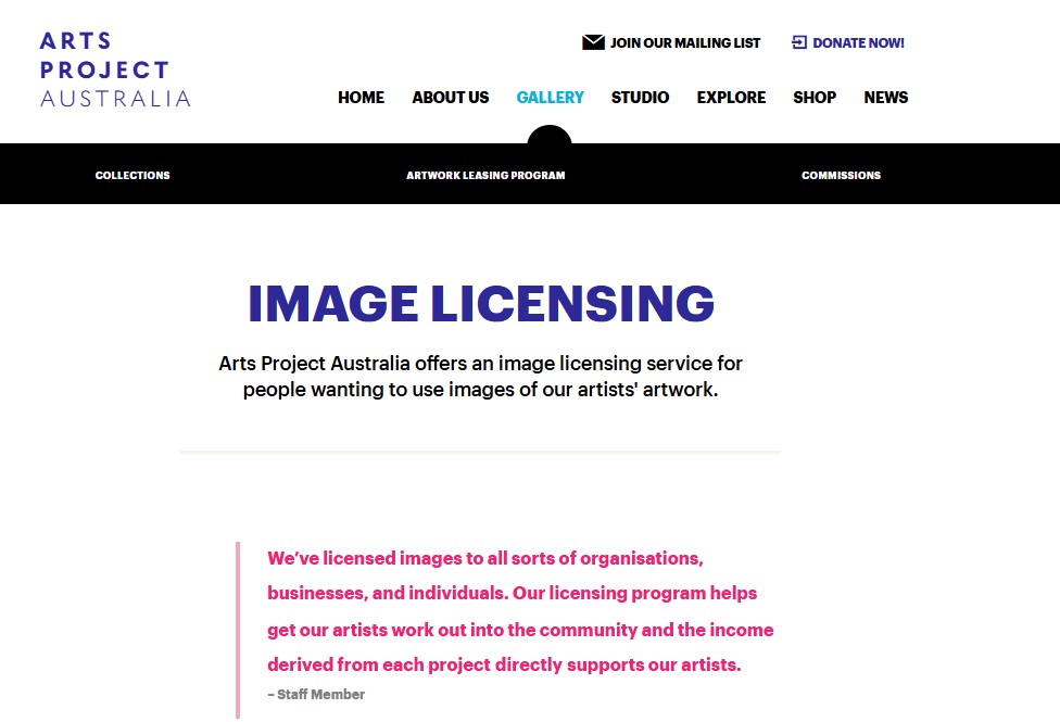 Image of Arts Project Australia - Image Licensing,  website captured 2022