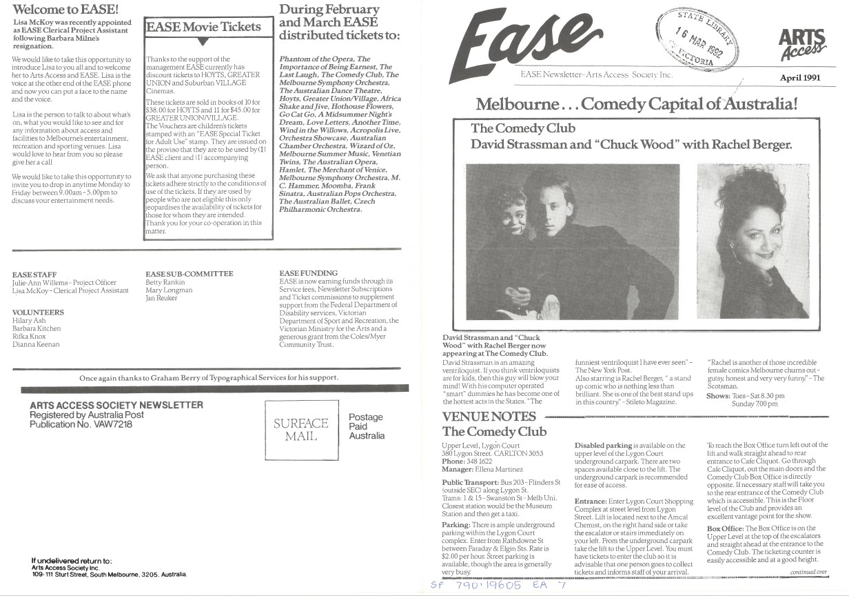 Image of Arts Access Victoria  - Arts Access Society Inc.- EASE Entertainment Access Service Newsletter April 1991