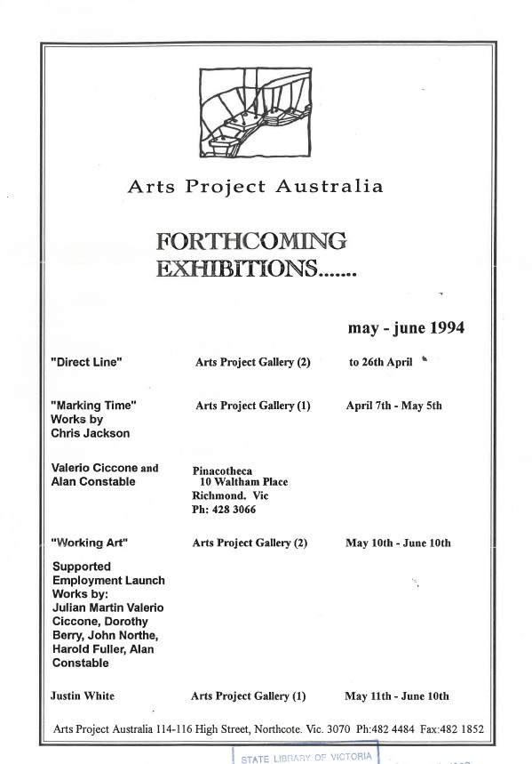 Image of Arts Project Australia - Forthcoming Exhibitions - May/June 1994 - Promotional Flyer