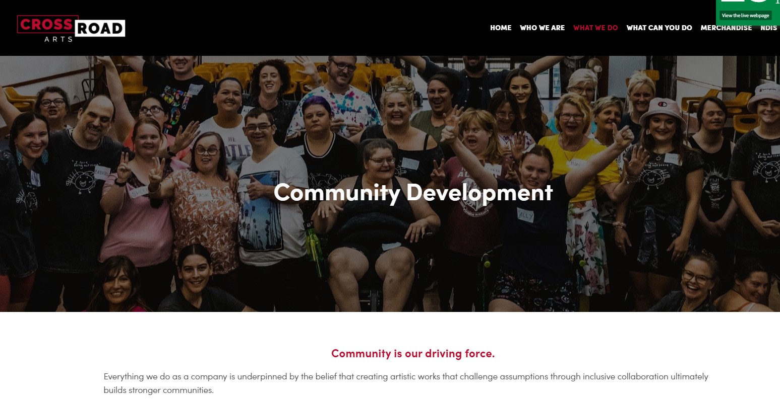 Image of Crossroad Arts website - Community Development, captured 2024