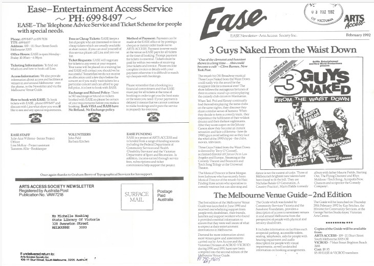 Image of Arts Access Victoria - Arts Access Ease News 1992 Feb