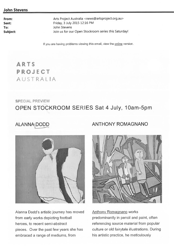 Image of Arts Project Australia - Open Stockroom Series Exhibition - Email Promotional Flyer 2015