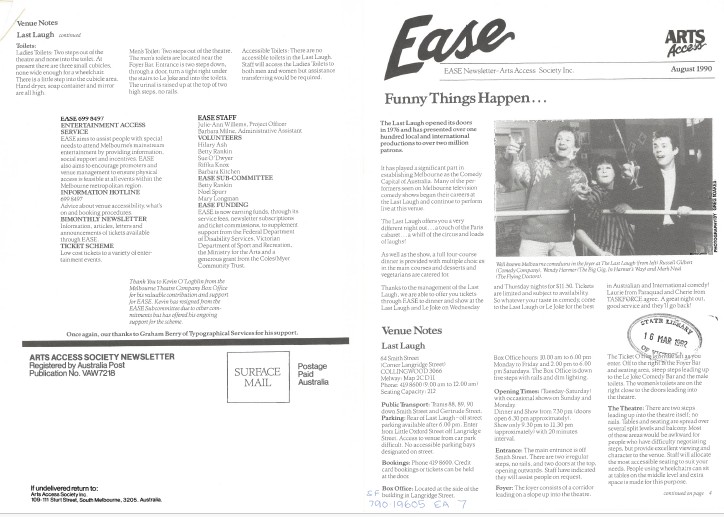 Image of Arts Access Victoria - Arts Access Society Inc.- EASE Entertainment Access Service Newsletter August 1990