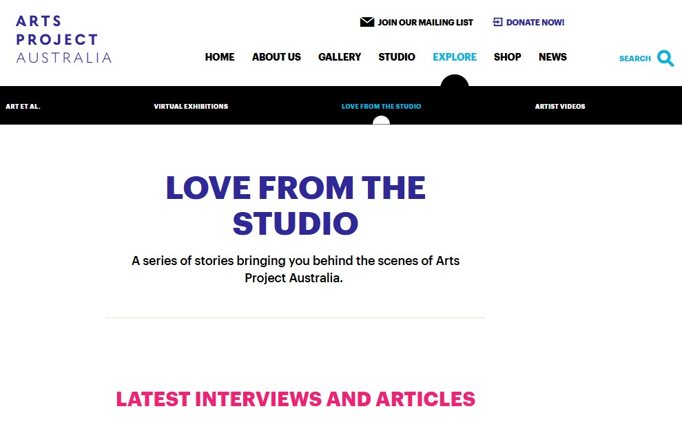 Image of Arts Project Australia -  Love from the Studio, website captured 2022