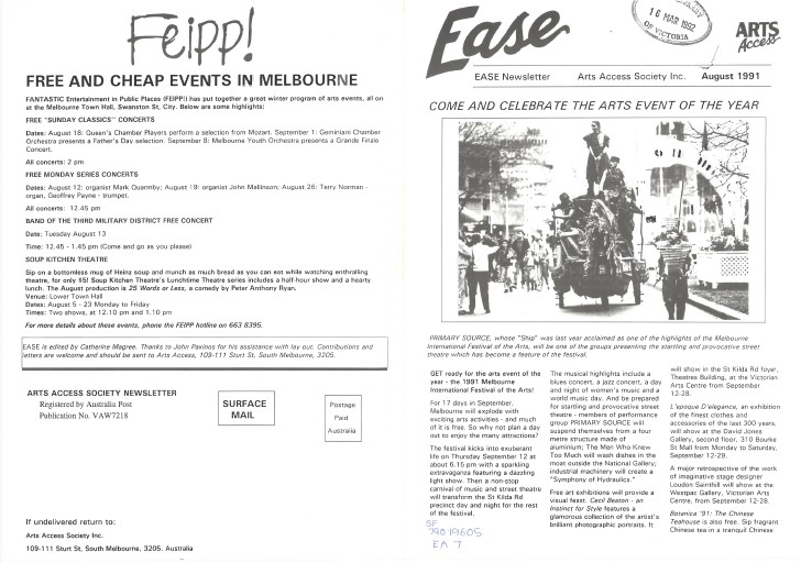 Image of rts Access Victoria - Arts Access Society Inc. - EASE Entertainment Access Service Newsletter August 1991