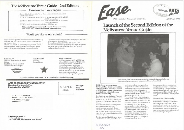 Image of Arts Access Victoria EASE Entertainment Access Service Newsletter April/May 1992