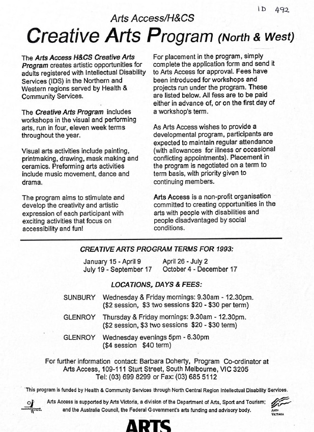 Image of Arts Access Victoria - Creative Arts Program North and West 1993 - Promotional Flyer