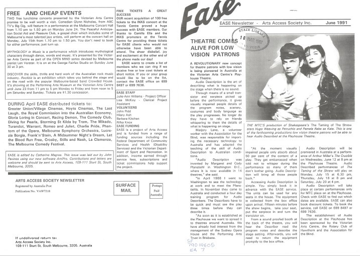 Image of Arts Access Victoria  - Arts Access Society Inc.- EASE Entertainment Access Service Newsletter June 1991