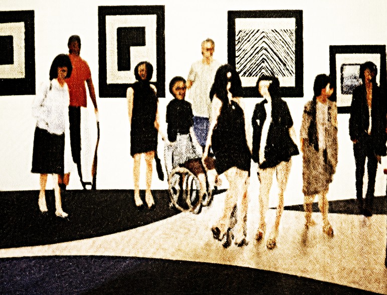 Line drawing style image of disabled and non-disabled people at a gallery