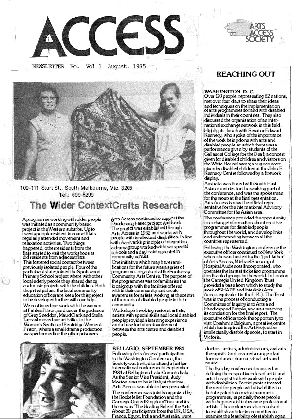Image of Arts Access Victoria - Arts Access Society Inc. - Access Newsletter Vol.1 August 1985