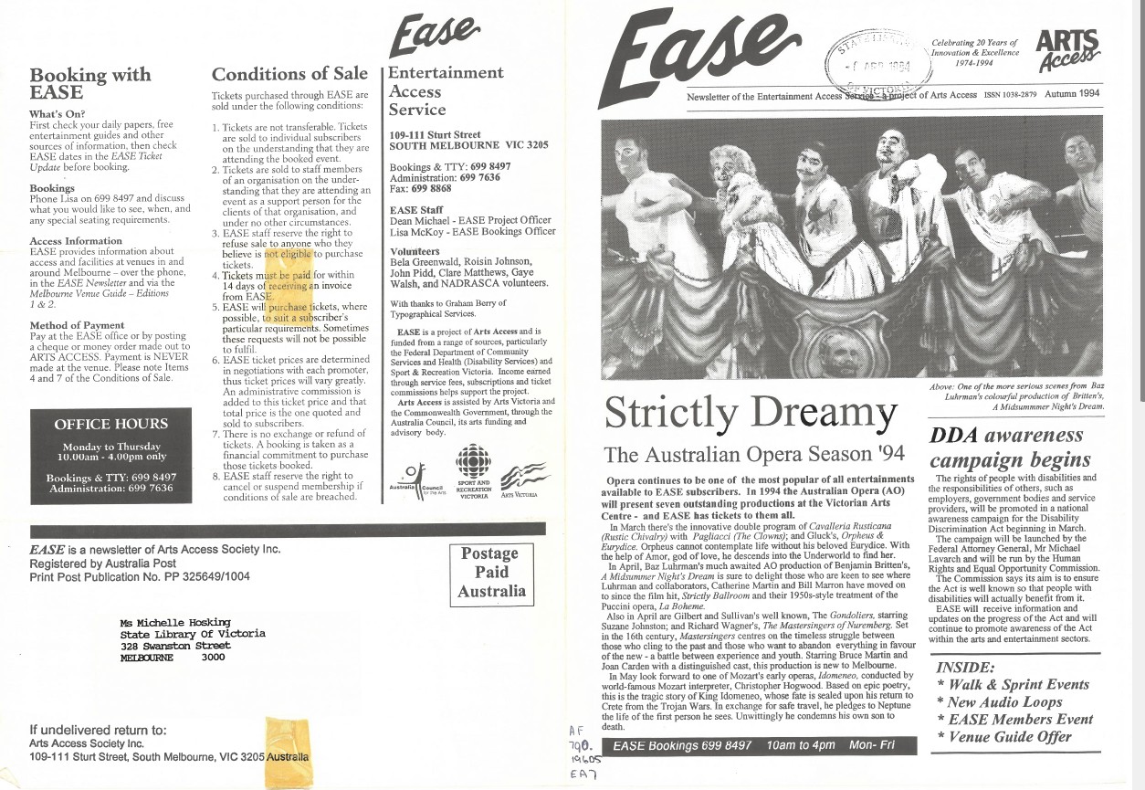 Image of Arts Access Victoria EASE Entertainment Access Service Newsletter Autimn 1994
