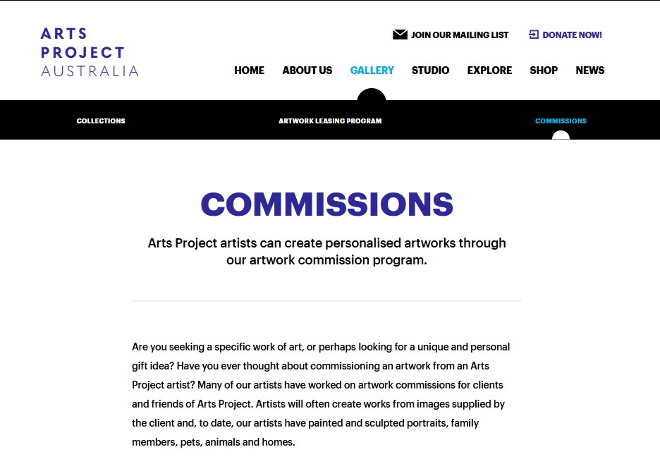 Image of Arts Project Australia - Commissions, website captured 2022
