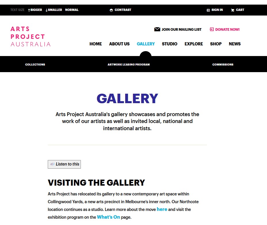 Image of Arts Project Australia - Gallery, website captured 2022