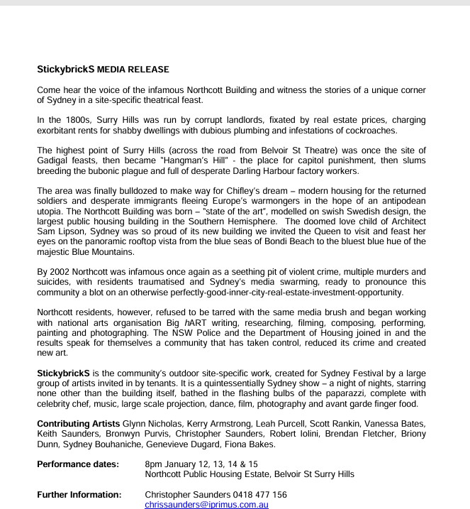 Image of Sydney Festival - StickybrickS MEDIA RELEASE - 2006