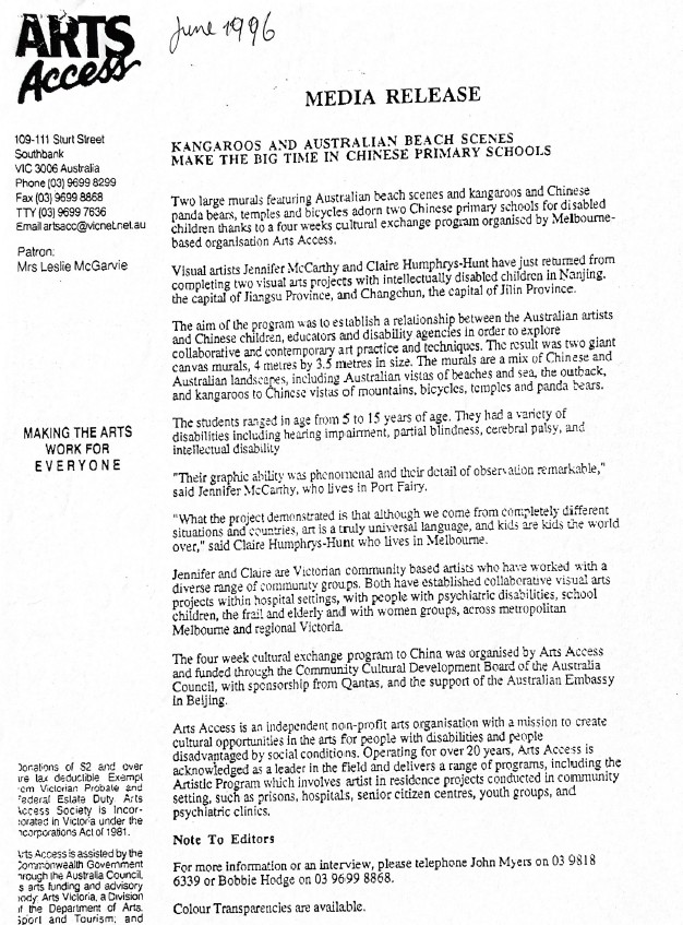 Image of Arts Access Victoria – China Cultural Exchange 1993 - Media Release