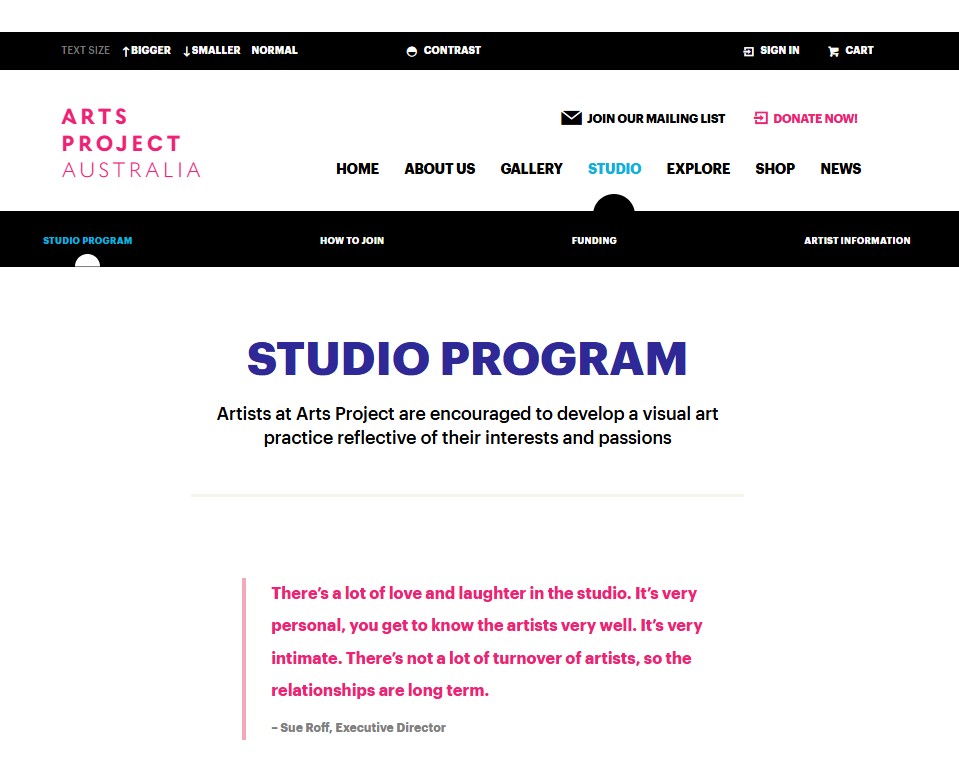 Image of Arts Project Australia - Studio Program, website captured 2022